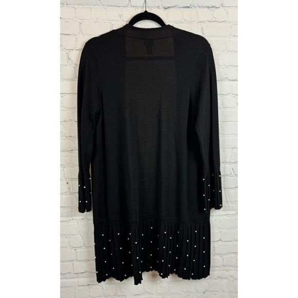 CHICO'S black knit cotton rayon pearl embellished pleated cardigan 1 M NWOT - Picture 7 of 9